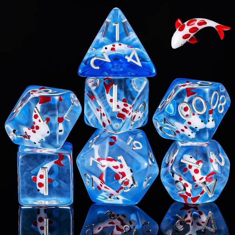 weyano Resin D&D Dice Set, Polyhedral Dice for Dungeons and Dragons Role Playing Games (D20, D12, D10, D8, D6, D4) (Red Fish) - Image 1